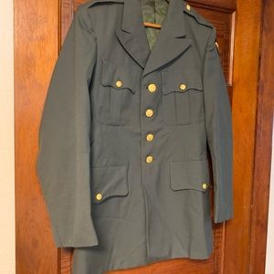 Vintage Military Jacket S Army Green Dress Uniform Blazer Gold Buttons 37R Patch